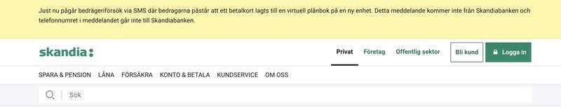 På Skandias hemsida har de lagt ut en informationstext som varnar för bedrägerierna. Foto: Skärmavbild Skandia På Skandias hemsida har de lagt ut en informationstext som varnar för bedrägerierna. Foto: Skärmavbild Skandia